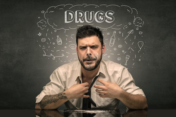 Loser drunk man with drinking, drug, hangover, alcoholic drugs concept
