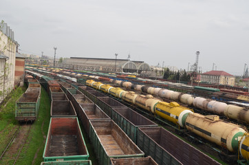 Fototapeta na wymiar Commodity Railway Station. Top view of a Freight wagons. Transportation and Industrial concept