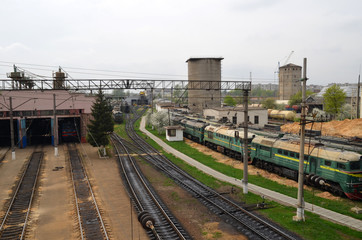 Fototapeta na wymiar Passenger electric locomotive.Transportation. Top view. Industrial concept. Lviv, Ukraine