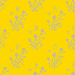 Fototapeta na wymiar Rose bushes with butterflies. Floral seamless pattern with flowers. Yellow background for wrapping paper, textile, card, web. Vector illustration.