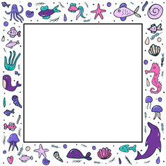 Mermaid and sea set. Vector illustration.