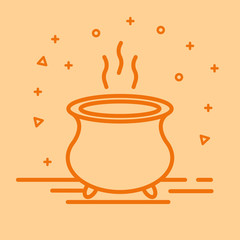 Cauldron icon of witch for Halloween in linear style on orange background. Vector illustration.