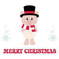 winter cartoon pig with scarf in hat and christmas text