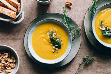 Delicious pumpkin and fennel soup with fresh herbs