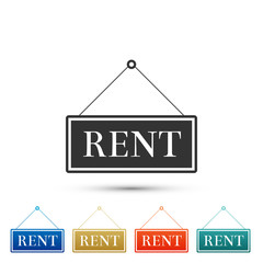 Hanging sign with text Rent icon isolated on white background. Set elements in colored icons. Flat design. Vector Illustration