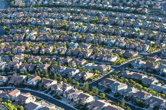 Aerial view of modern residential streets in the San Fernando Valley region of Los Angeles, California.