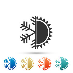 Hot and cold symbol. Sun and snowflake icon isolated on white background. Winter and summer symbol. Set elements in colored icons. Flat design. Vector Illustration