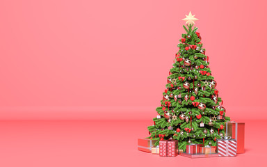 Christmas tree with gifts in room. 3d render illustration. Copy space. New Year, holiday.