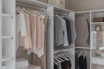 modern closet with clothes hanging