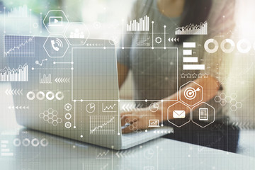 Marketing concept with woman using her laptop in a living room