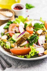 Grilled chicken tomato chickpeas salad with olive oil mustard vinaigrette. Selective focus, space for text.