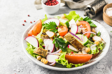 Grilled chicken tomato chickpeas salad with olive oil mustard vinaigrette. Selective focus, space for text.