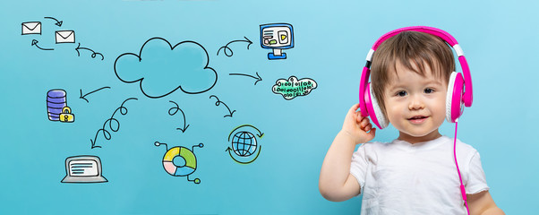 Cloud computing with toddler boy with headphones on a blue background