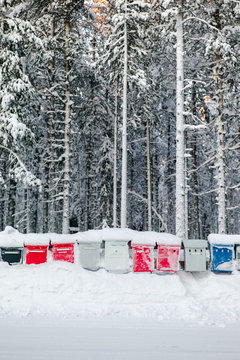 Bright row of frozen mailboxes in countryside