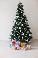 Green Christmas tree white decor gifts new year holidays