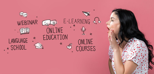 Online education theme with young woman speaking on a pink background