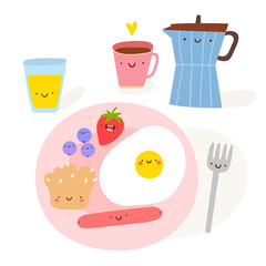 Cute breakfast scene illustration. Food characters.