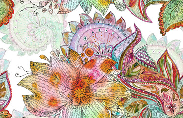 Fototapeta premium seamless batik pattern with fancy blossoms. watercolor painting
