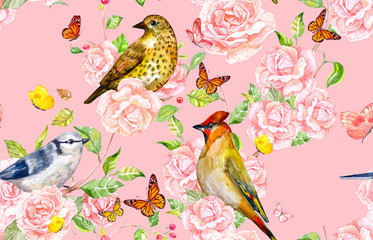 retro seamless texture with birds on roses bush. watercolor painting