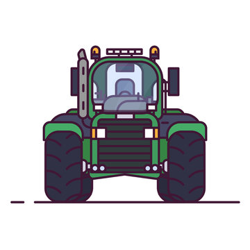 Front view of tractor for farming. Line style vector illustration. Agriculture vehicle and transport banner. Modern agricultural machinery. Farm harvest engine vehicle.