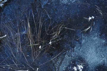 Thin transparent ice on the surface of the reservoir in late autumn