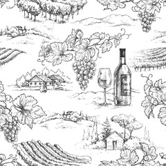 Monochrome Seamless Pattern with Grapes  and Vineyards