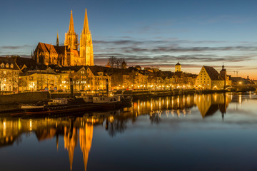 Evening view of the Stone Bridge, St. Peter's Church and the Old Town of Regensburg