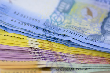 Various Hungarian banknotes stacked on each other, 1-5-10 and 20 thousand forints. Europe Hungary.