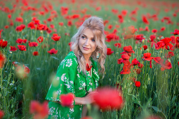 Naklejka premium A handsome girl with long hair and natural skin, standing in a fiel of red poppies and holding a red poppy in hands, on nature landscape background. Horizontal view.