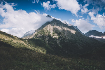 Obraz na płótnie Canvas Closeup view mountains scenes in national park Dombai, Caucasus, Russia, Europe