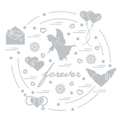 Cute vector illustration with different love symbols: hearts, air balloons, postal envelope, angel and other arranged in a circle.