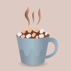 Colorful poster with blue mug of hot chocolate, marshmallow