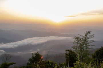 Fog and sun Morning after mountain at Phu Soi Dao National Park, Uttaradit in Thailand.