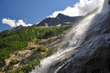 Waterfall scenes in mountains, national park Dombai, Caucasus, Russia, Europe