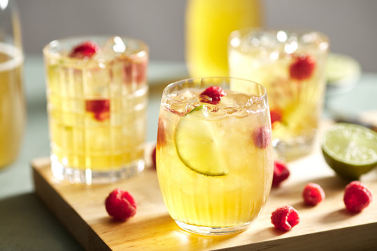 Delicious kombucha mocktail with raspberry and lime.