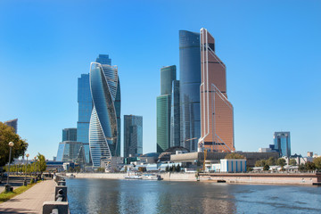 Fototapeta na wymiar Closeup panorama of international business Russian Center in Moscow city
