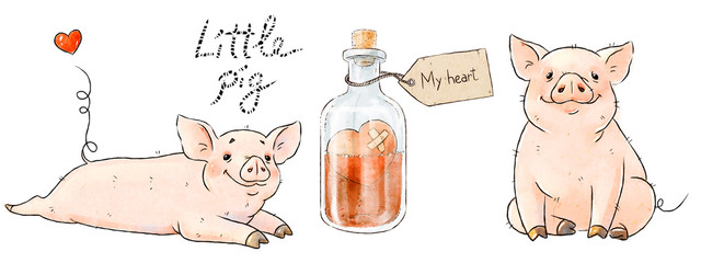 Two hand drawn pigs. Cute funny piglets and love potion isolated on white background. Romantic Collection Illustration. © NatelaPancake