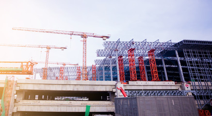 Naklejka premium Under construction of metal steel framework outdoors buildings.