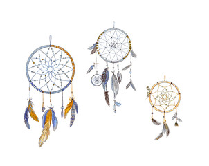 Dreamcatchers and feathers isolated on white background. Native american indian dreamcatchers....