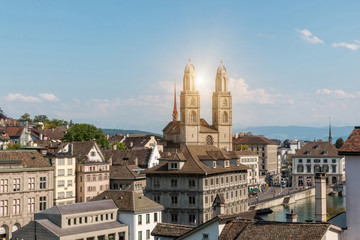 Aerial view of historic Zurich city center from Lindenhof park