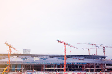 Naklejka premium Under construction of metal steel framework outdoors buildings.