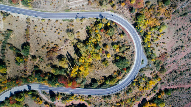 Aerial view of a road in autumn