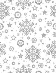 Christmas seamless pattern with silver glittering snowflakes and stars,  vector illustration