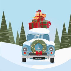 Flat vector cartoon illustration of retro car with present on the roof. Little classic red car carrying gift boxes on its rack. Vehicle's front decorated with wreath. snow-covered landscape with firs