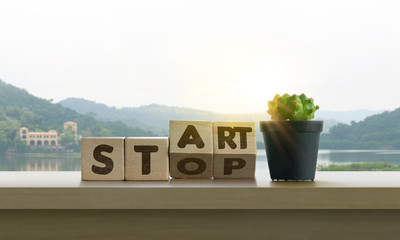 Wooden blocks with the word START-STOP and cactus on table with panoramic lake landscape background...