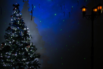 Empty christmas room with festive tree, lights vintage street lantern and blue stars