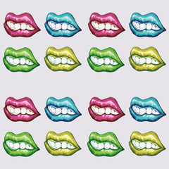 Multi-colored Pattern with mouth biting lip and flowing tow. The mouth on the body background is biting the lip from the crap something to eat.