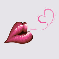 Lips in a sweet kiss. Delicate pink lips give a kiss of sweet love from the heart.