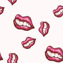 Mouth biting lip and flowing tow pattern. The mouth on the body background is biting the lip from the crap something to eat.