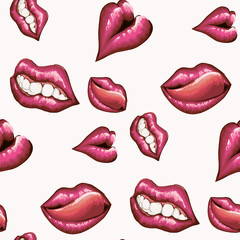 Pattern with bright female lips. Pattern with lips in a kiss, licking and biting lip.